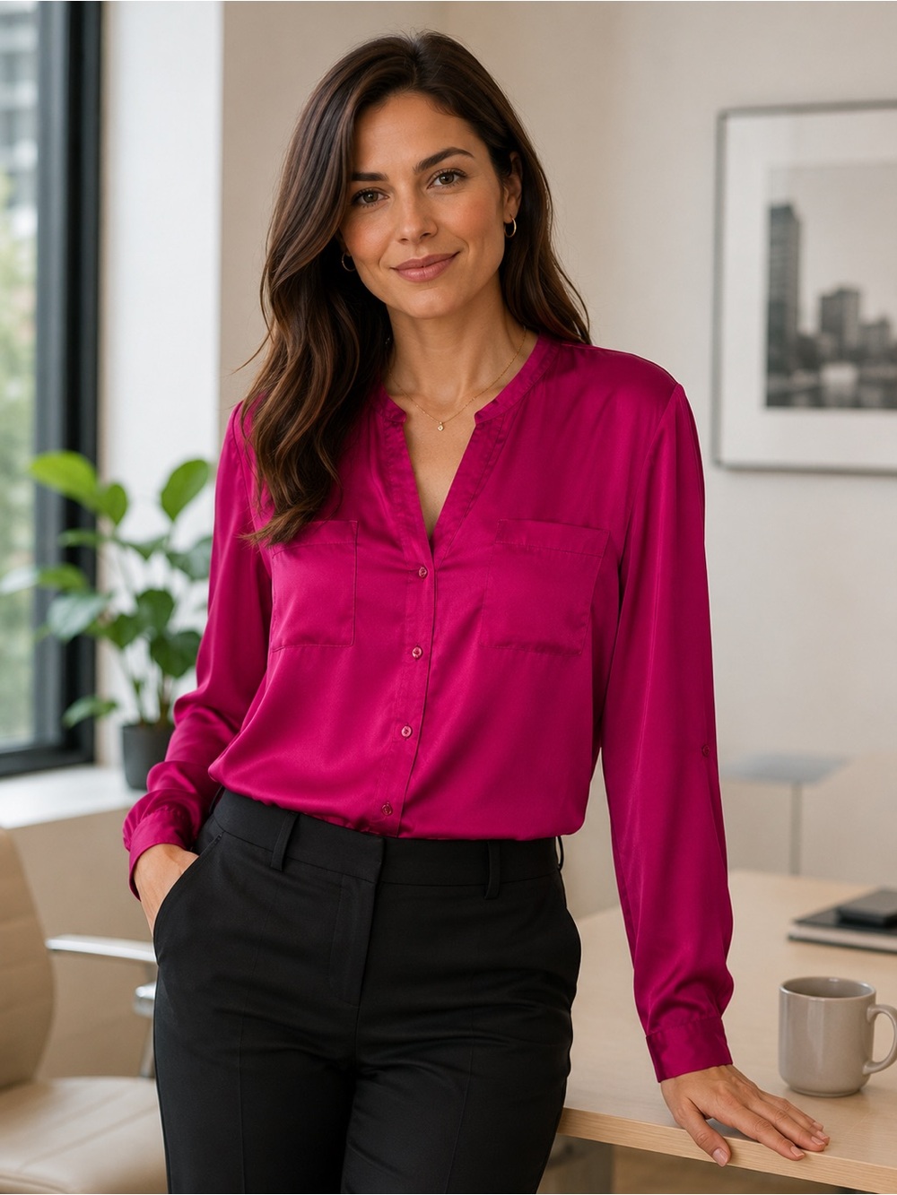 IZOD Fuchsia Pink Silky Button Front Blouse Top Size Large Office Chic